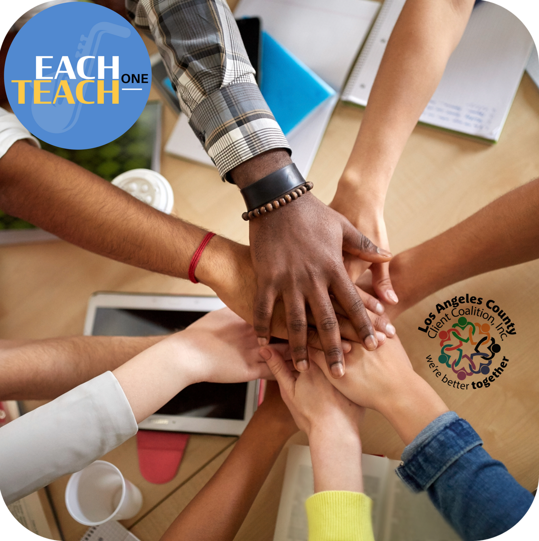 Each one Teach one- with LACCC logo, hands all in photograph
